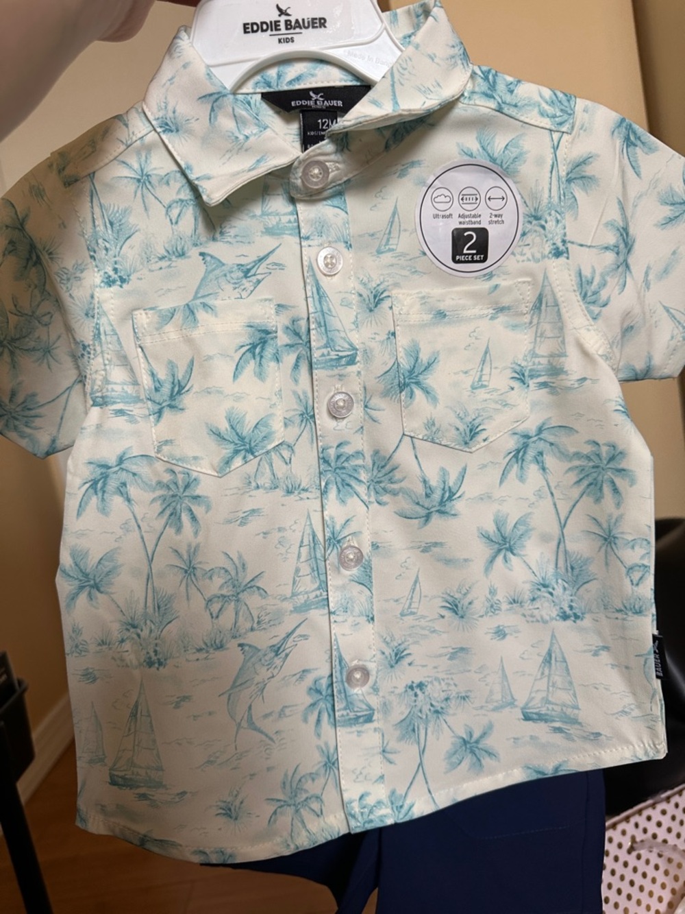 Eddie Bauer White and Light Teal Tropical Short-Sleeve Button-Up Shirt